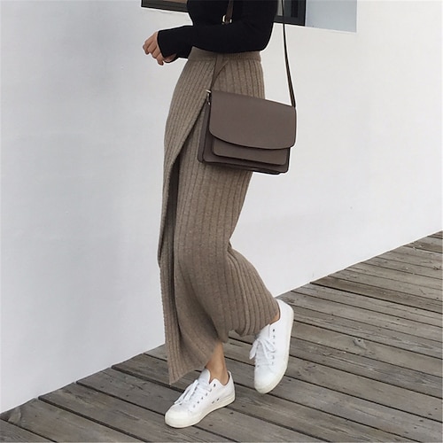 

saia feminina bodycon maxi algodão preto cáqui saias outonoamp; inverno tricô pontas duplas moda casual rua diária tamanho único