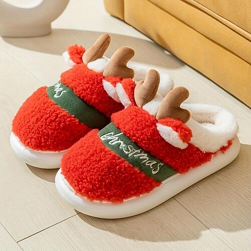 Women's Christmas House Slippers In Pink, Fluffy With Christmas