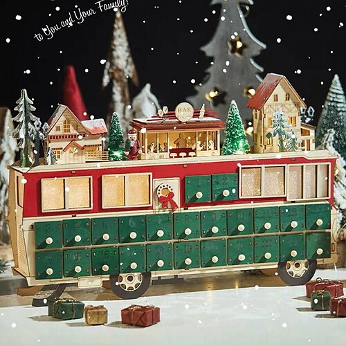 

Weihnachts-Adventskalender aus Holz, beleuchteter Bus-förmiger Feiertags-Esstisch, Dekoration, Countdown-Schublade, Navidad National, 2024, Neujahr, Weihnachten, 24 Countdown-Kalender, Blindbox,