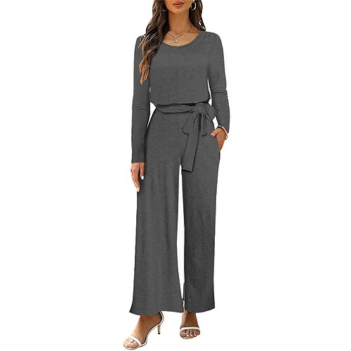 

Women's Jumpsuit Pocket Solid Color Round Neck Active Daily Going out Regular Fit Long Sleeve Black Wine Navy Blue S M L Fall