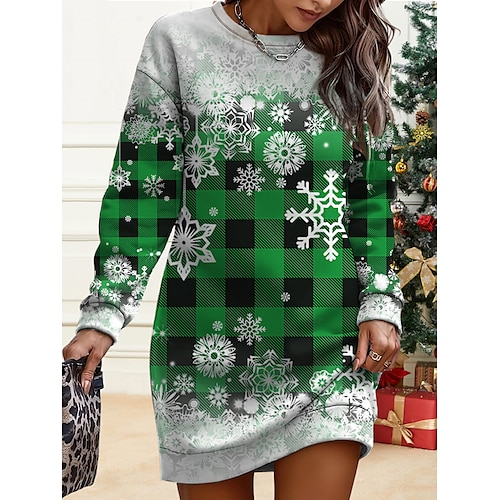 

Damen-Weihnachts-Freizeitkleid, Sweatshirt-Kleid, Minikleid, warm, modisch, Outdoor-Urlaub, Rundhalsausschnitt, Aufdruck, geometrisch, Schneeflocke, lockere Passform, Burgunderrot, Braun, Grün, S, M,