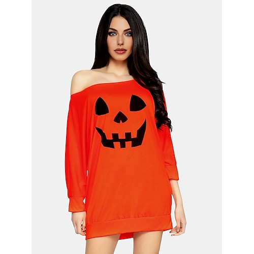 

Halloween Pumpkin Print Oversized Top Sweatshirt Dress Off Shoulder Casual Long Sleeve Outerwear Women's Halloween Costume