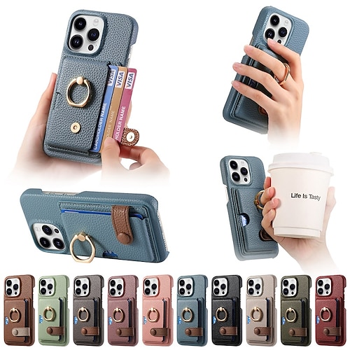 

Phone Case For iPhone 15 Pro Max Plus iPhone 14 13 12 11 Pro Max Mini SE X XR XS Max 8 7 Plus Back Cover Ring Holder Card Slot Shockproof Solid Color PC PU Leather