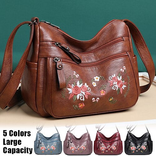 

Damen Umhängetasche Schultertasche Hobo Tasche PU-Leder Outdoor Täglich Festtage Stickerei Reißverschluss Blume Hohe Kapazität Wasserdicht Leichtgewichtig Feste Farbe Stickerei Blume Schwarz Rote Blau