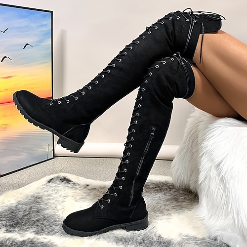 

Femme Bottes Grandes Tailles Extérieur Travail du quotidien Cuissardes Talon Plat Bout rond Mode Elégant Classique Faux suède Lacet Couleur unie Noir Violet Marron