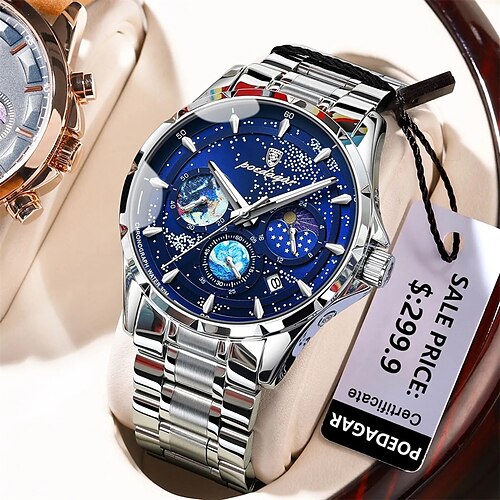 

Poedagar marque mode bleu ciel étoilé montre à quartz pour hommes de luxe en cuir étanche hd lumineux chronographe date montres