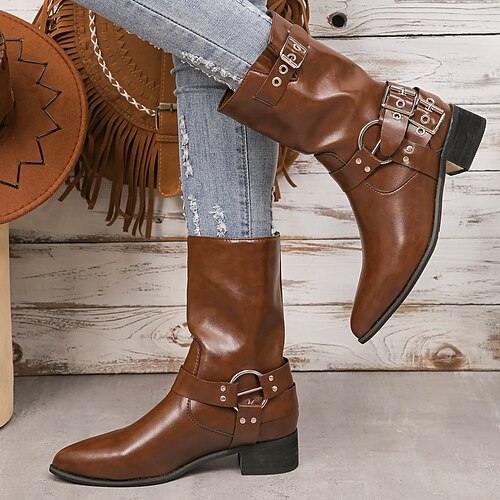 

Women's Boots Combat Boots Plus Size Riding Boots Outdoor Work Daily Mid Calf Boots Winter Button Chunky Heel Pointed Toe Vintage PU Zipper Solid Color Brown