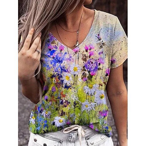 

Mulheres Camiseta Roxo Floral Imprimir Manga Curta Feriado Final de semana Básico Decote V Normal Tema Flores Pintura Verão