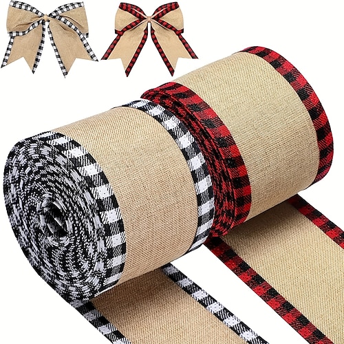 

Burlap Plaid Buffalo Checkered Edge Wired Ribbon 2.5 x5 Yards x 1 Roll - Black with Red for Christmas Home Decor Gift Wrapping Tree Topper Bow Wreath DIY Crafts