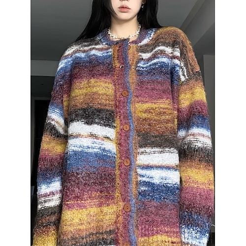 

Mulheres Sueter Cardigan Saltador Estriado Tricotar Patchwork Botão Bloco de cor Gola Redonda à moda Casual Ao ar livre Para Noite Outono Inverno Vermelho Cinzento M L XL