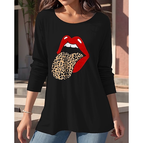 

Damen T Shirt Schwarz Weiß Rote Leopard Mund Bedruckt Langarm Täglich Wochenende Modisch Rundhalsausschnitt Regular Fit Farbe Frühling Herbst