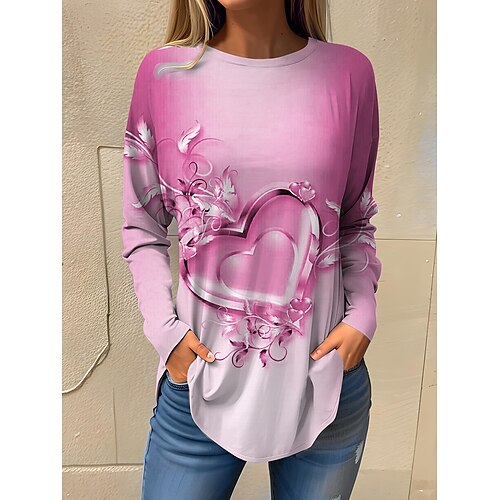 

Damen T Shirt Rosa Blau Purpur Blumen Herz Bedruckt Langarm Valentinstag Wochenende Modisch Rundhalsausschnitt Regular Fit Farbe Frühling Herbst