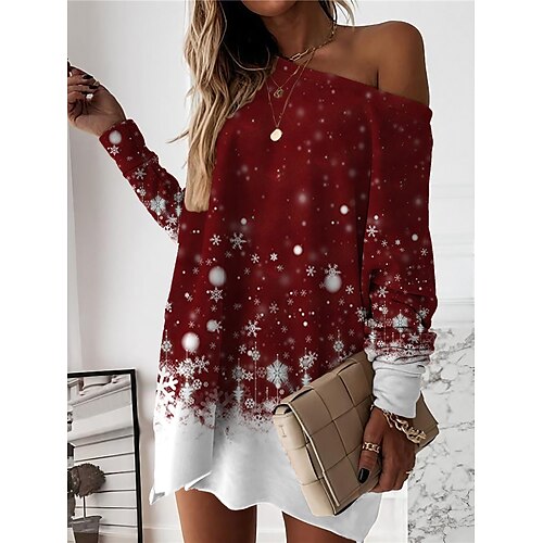 

Damen Casual kleid Sweatshirt-Kleid Minikleid Warm Modisch Outdoor Weihnachten Festtage Rundhalsausschnitt Bedruckt Bedruckt Lockere Passform Burgunderrot Blau Purpur S M L XL XXL
