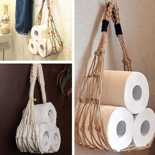 

Toilettenpapier-Aufbewahrungshalter, Boho-Taschentuchrollenständer zur Wandmontage, hängender Baumwollseilhalter für Toilettenpapier-Magazin-Bücherhalter