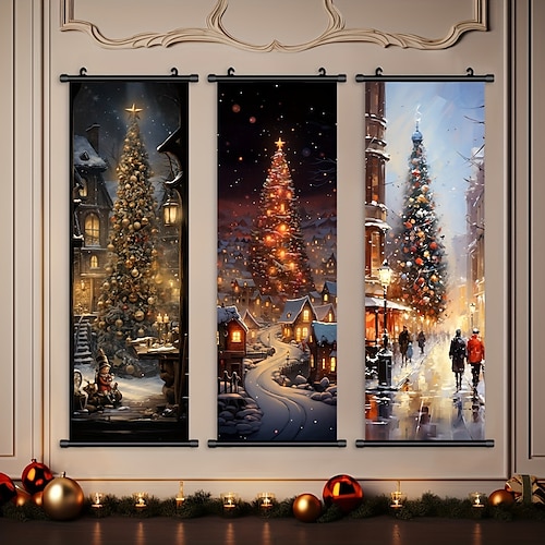 

1pc Christmas Poster with Hangers Festival Snowy Night Colorful Christmas Tree Poster Hat Bell Ornament For Room Painting Canvas Posters Art For Home Living Room Decoration Wall Art Decor