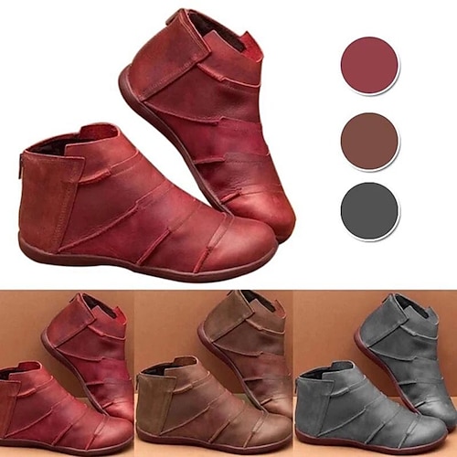 

Femme Bottes Grandes Tailles Extérieur du quotidien Bottines Bottines Hiver Talon Plat Bout rond Décontractées Confort Minimalisme Faux Cuir Fermeture Couleur unie Rouge Gris clair Marron