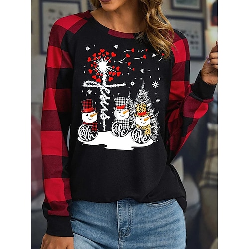 

Women's T shirt Tee Christmas Shirt Black Light Grey Dark Gray Plaid Snowman Print Long Sleeve Christmas Weekend Festival / Holiday Round Neck Regular Fit Painting Spring Fall