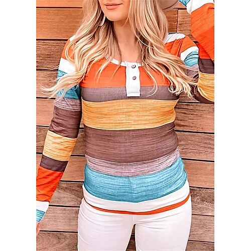 

Femme T shirt Tee Orange Bloc de couleur Bouton Imprimer manche longue du quotidien Fin de semaine Mode Col Rond Standard Peinture Printemps Automne