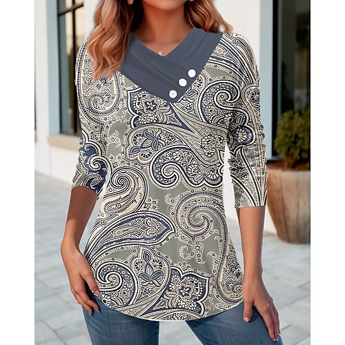 

Damen T Shirt Blau Paisley-Muster Taste Bedruckt Langarm Täglich Wochenende Basic V Ausschnitt Regular Fit Farbe Frühling Herbst