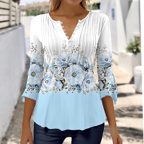 

Femme Chemise Chemisier Rose Claire Bleu Vert Floral Bouton Imprimer Manches 3/4 Casual Vacances Vêtement de rue Col Rond Standard Fleur Printemps Automne