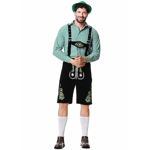  Μπύρα Oktoberfest Lederhosen Πουκάμισο βαυάρος βαυάρος Γερμανικά Λιβάδια Ανδρικά Πανί παραδοσιακού στυλ Μπλούζα Κοντά Παντελονάκια Καπέλο