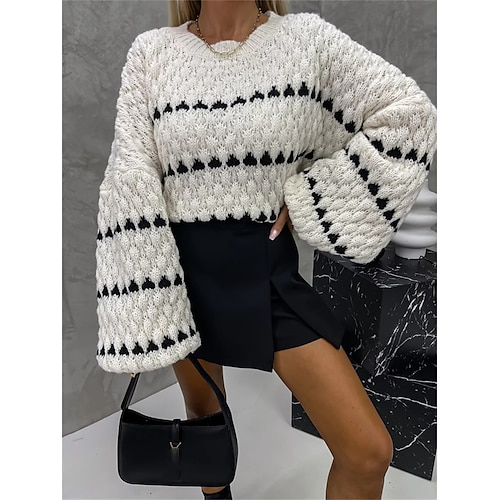 

mujer cuello redondo suéter punto de ganchillo oversize a rayas jersey estilo casual al aire libre diario manga farol otoño invierno negro blanco s m l