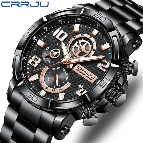 

CRRJU Men Watches Big Dial Waterproof Stainless Steel with Luminous handsDate Sport Chronograph Watches