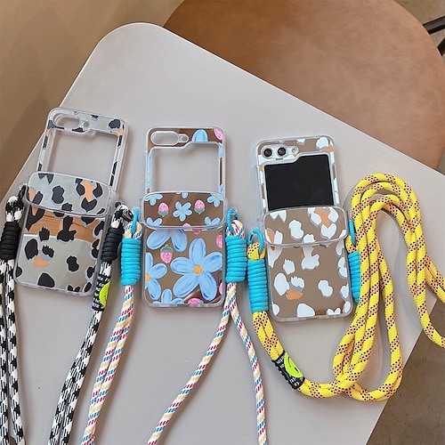 

Phone Case For Samsung Galaxy Z Flip 5 Z Flip 4 Z Flip 3 Back Cover with Lanyard Non-Yellowing Shockproof Graphic Flower PC