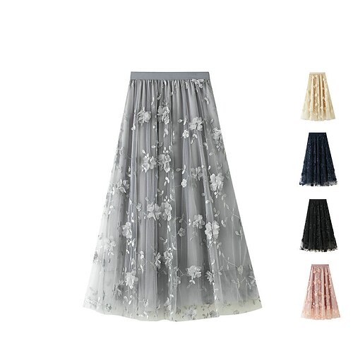 

Women's Skirt Long Tulle Skirt Midi Floral Pattern Navy Black White Light Green Skirts Fall Winter Ruched Fashion Elegant Street Daily One-Size