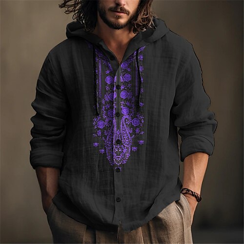 

Totem Rétro Vintage Tribal Homme Chemise Chemise Lin Extérieur Plein Air Casual Quotidien Automne hiver Sweat à capuche manche longue Noir Blanche Kaki S M L Lin Chemise