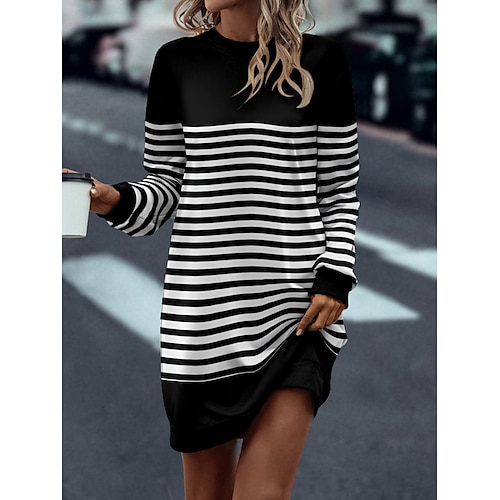 

Women's Casual Dress Sweatshirt Dress Shift Dress Stripe Print Crew Neck Mini Dress Fashion Streetwear Outdoor Daily Long Sleeve Loose Fit Black Red Blue Fall Winter S M L XL XXL