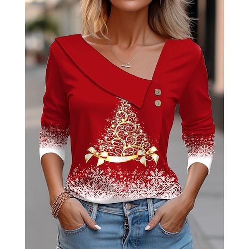 

Femme T shirt Tee Chemise de Noël Noir Jaune Rouge Arbre de Noël Motif de flocon de neige Bouton Imprimer manche longue Soirée Noël Fin de semaine Fête / Célébration Col V Standard Peinture Printemps