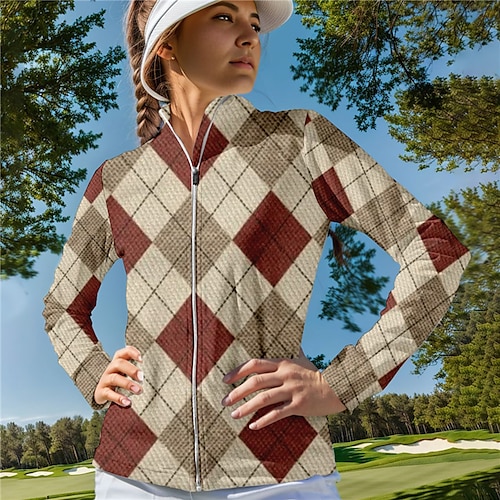 

Chaqueta de golf para mujer Navidad térmica cálida transpirable absorbe la humedad manga larga ropa de abrigo de golf top regular fit cremallera estampado primavera otoño tenis golf pickleball