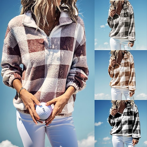 

Damen Golfpullover warm Atmungsaktiv Schnelltrocknend Langarm Golfbekleidung Golfkleidung 1/4 Reißverschluss Plaid Winter Herbst Tennis Golfspiel Pickleball