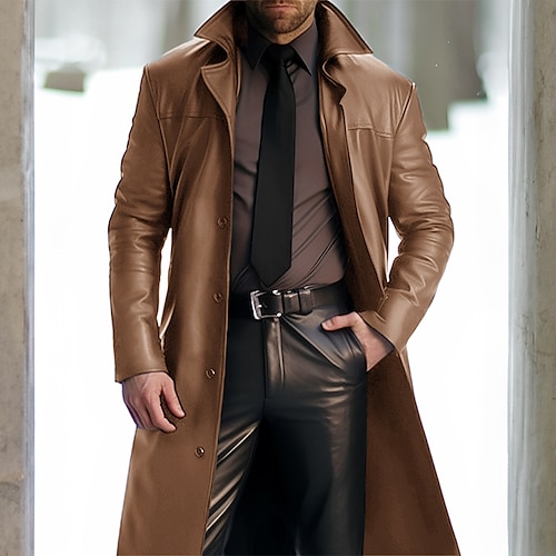 

Men's Winter Coat Faux Leather Jacket Trench Coat Office & Career Daily Wear Winter PU Thermal Warm Windproof Outerwear Clothing Apparel Fashion Warm Ups Plain Pocket Lapel Single Breasted