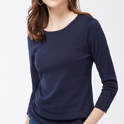 

Femme T shirt Tee Coton Noir bleu marine Marron Plein Bouton manche longue du quotidien Fin de semaine Mode Col Rond Standard Printemps Automne