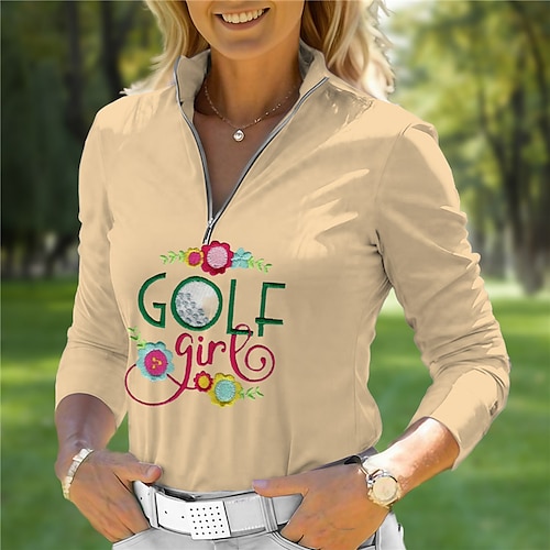 

Women's Polo Shirt Golf Shirt Breathable Quick Dry Moisture Wicking Long Sleeve Golf Apparel Golf Clothes Regular Fit Zipper Stand Collar Letter Funny Printed Spring Autumn Tennis Golf Pickleball