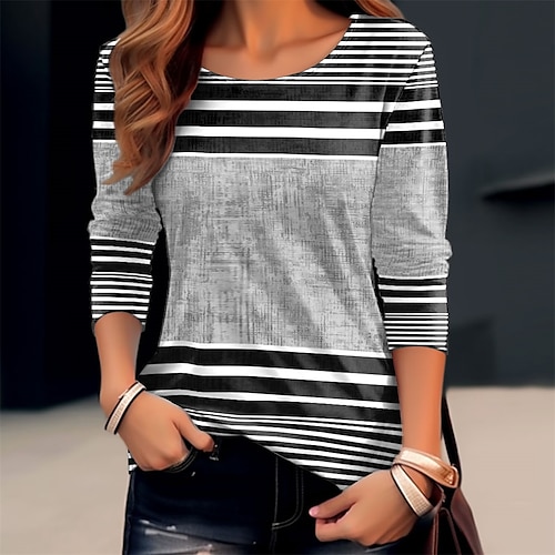 

Women's T shirt Tee Yellow Red Blue Striped Print Long Sleeve Daily Weekend Basic Round Neck Regular Fit Painting Spring Fall