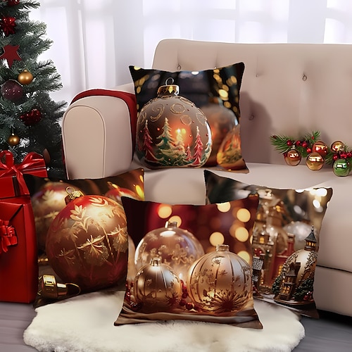 

Doppelseitiger Kissenbezug mit weihnachtlichen Goldornamenten, 4 Stück, weich, dekorativ, quadratisch, Kissenbezug für Schlafzimmer, Wohnzimmer, Sofa, Couch, Stuhl