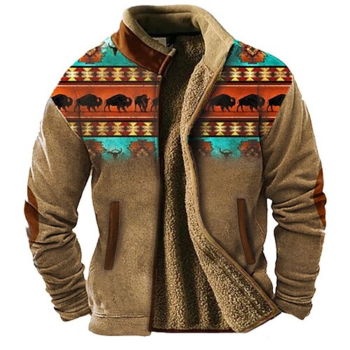 

Graphic Cowboy Daily Casual Western Aztec Men's 3D Print Zip Sweatshirt Fleece Jacket Outerwear Holiday Vacation Going out Sweatshirts Orange Brown Stand Collar Fleece Print Winter Designer