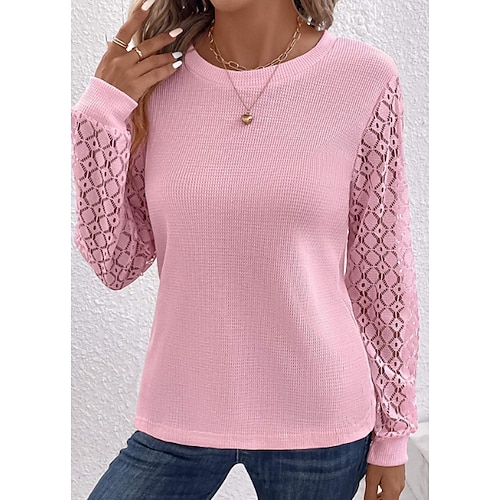 

Femme T shirt Tee Rose Claire Plein Dentelle manche longue du quotidien Fin de semaine Mode Col Rond Standard Printemps Automne