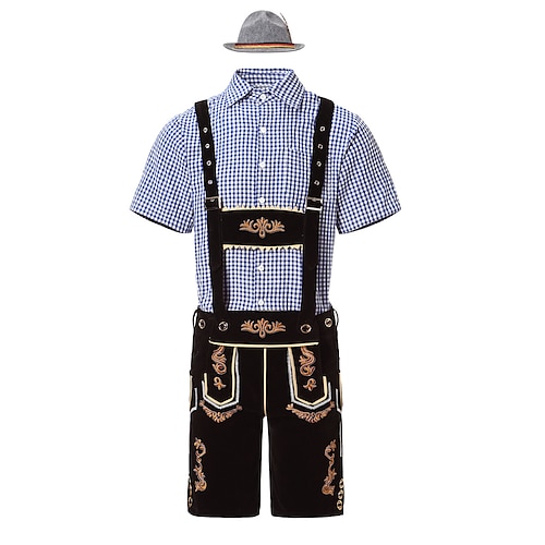  Μπύρα Oktoberfest Στολές Lederhosen Πουκάμισο βαυάρος βαυάρος Γερμανικά Λιβάδια Ανδρικά Πανί παραδοσιακού στυλ Μπλούζα Κοντά Παντελονάκια Καπέλο