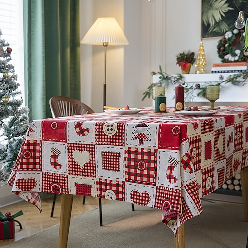 

Rot karierte Weihnachtstischdecke, rechteckig, auslaufsichere und knitterfreie Jacquard-Tischdecke mit Weihnachtsbäumen für das Esszimmeramp; Feiertagsdekoration