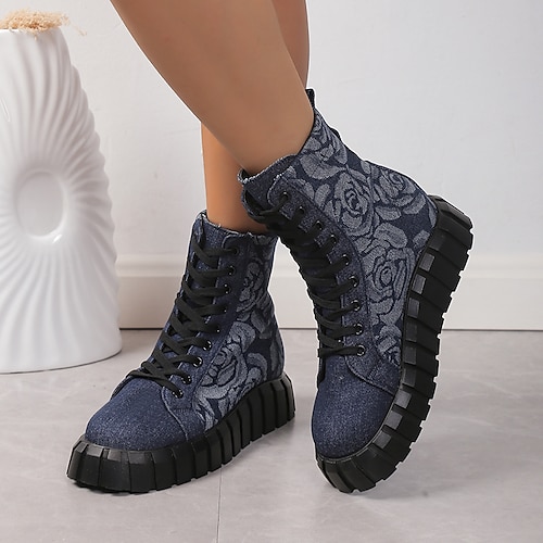 

Women's Boots Combat Boots Plus Size Lace Up Boots Daily Booties Ankle Boots Winter Lace-up Flower Flat Heel Round Toe Fashion Tissage Volant Lace-up Floral Black / White Black Blue