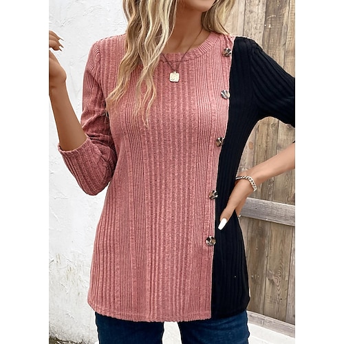 

Damen T Shirt Rosa Farbblock Taste Langarm Täglich Wochenende Modisch Rundhalsausschnitt Regular Fit Frühling Herbst