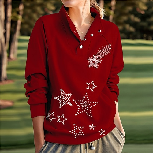 

Mujer Jersey de golf Sudadera Golf Mantiene abrigado Transpirable Dispersor de humedad Manga Larga Ropa de golf Camiseta Ajuste regular Botón Bolsillos laterales Estrella Impreso Primavera Otoño