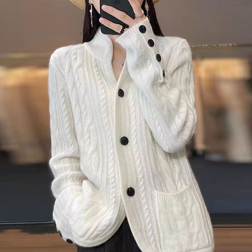 

Mujer Chaqueta de Punto Puente Cable Tejer Botón Bolsillo Color sólido Escote Chino Elegante Casual Exterior Diario Otoño Invierno Blanco Marrón S M L