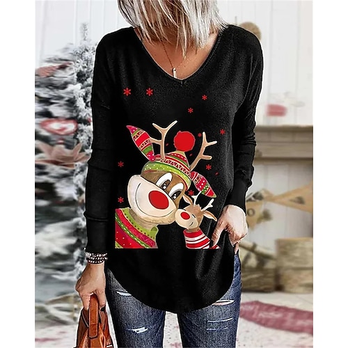 

Mujer Camiseta Camisa de Navidad Negro Blanco Vino Papá Noel Copo Reno Estampado Manga Larga Navidad Fin de semana Festival / Vacaciones Escote en Pico Ajuste regular Pintura Primavera Otoño