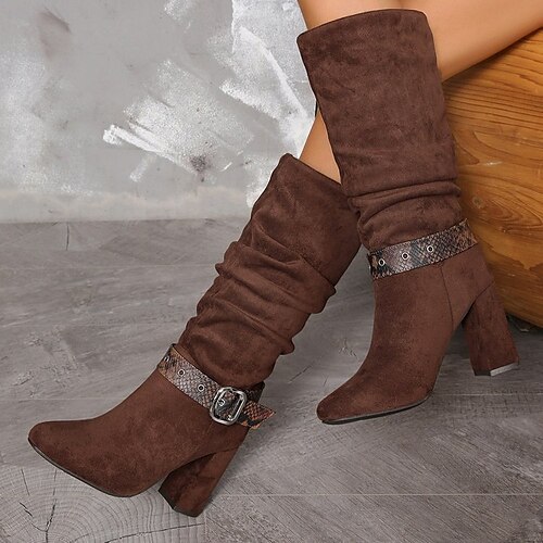 

Women's Boots Slouchy Boots Outdoor Work Daily Mid Calf Boots Buckle Block Heel Chunky Heel Pointed Toe Fashion Elegant Classic Faux Suede Loafer Coffee