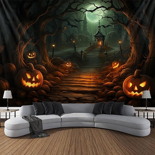 

Halloween Pumpkin Hanging Tapestry Wall Art Large Tapestry Mural Decor Photograph Backdrop Blanket Curtain Home Bedroom Living Room Decoration Halloween Decorations